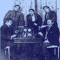 Lasker and Tarrasch playing chess as Alekhine, Capablanca and Marshall look on